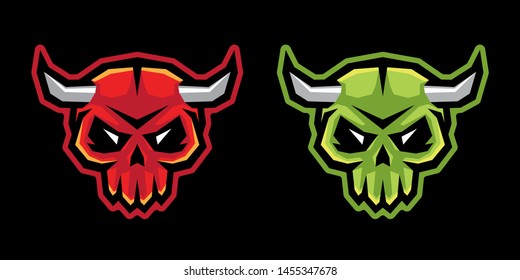 Vector illustration of red and green cartoon monster skulls, heads, isolated and black background.