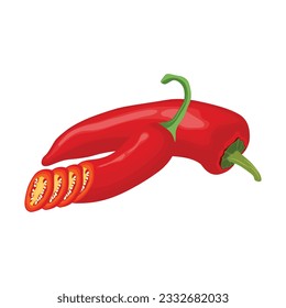 Vector illustration of red or green chili pepper realistic in flat cartoon style. Sliced chili pepper variations lay on white background with shadow for labels and logo design. Single or group chili