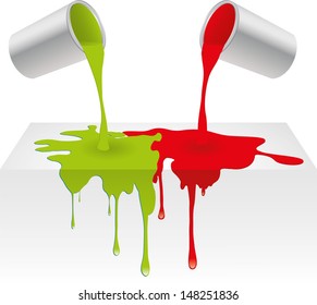 Vector illustration of red and green color paint pouring from a can and dripping into background surface. Isolated on white 