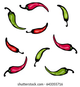 Vector Illustration. Red and Green Hot Chilli Pepper Sketch.