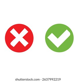 Vector illustration of red and green round buttons with cross and tick symbols. Accepted and denied. Yes and no.