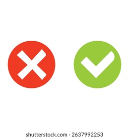 Vector illustration of red and green round buttons with cross and tick symbols. Accepted and denied. Yes and no.