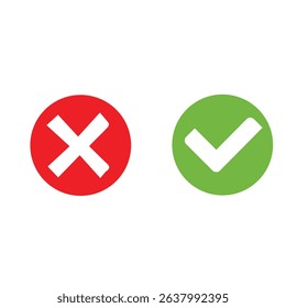 Vector illustration of red and green round buttons with cross and tick symbols. Accepted and denied. Yes and no.