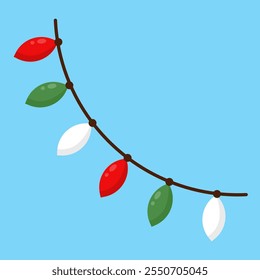 Vector illustration of a red green and white Christmas garland on a blue background