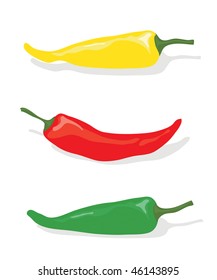 A vector illustration of red, green and yellow chili peppers on white background