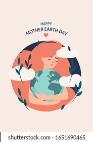 Vector illustration of a red hair woman with a globe in her hands and the text happy mother earth day