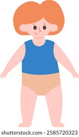 Vector illustration of a red haired toddler wearing blue sleeveless shirt and beige diaper standing with open arms, isolated on white background representing childhood and innocence