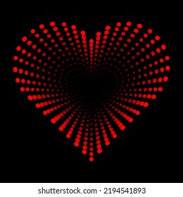 Vector illustration of red hallow dotted heart on a black background. 