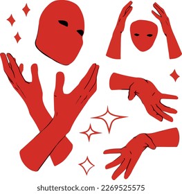 vector illustration red hands and mask, different poses of wrist bones
