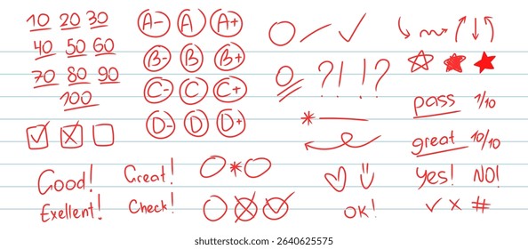 Vector illustration of red handwritten exam grade,school marks and teacher annotations on ruled paper.English test.Grades from A+ to D-, check marks, stars, arrows, circles, numbers.