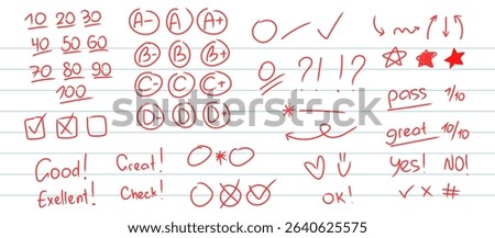 Vector illustration of red handwritten exam grade,school marks and teacher annotations on ruled paper.English test.Grades from A+ to D-, check marks, stars, arrows, circles, numbers.