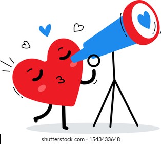 Vector illustration of red happy heart looking through a telescope on white background. Flat style design for Valentine's Day greeting card, web, site, banner, poster, sticker
