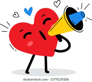 Vector illustration of red happy heart character with megaphone on white background. Flat style design for Valentine's Day greeting card, web, site, banner, poster, sticker