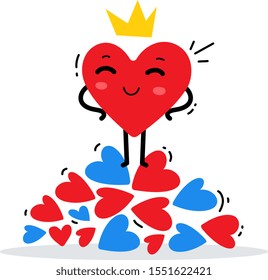 Imagen vectorial del corazón del rey feliz rojo con corona sobre un montón de corazón sobre fondo blanco. Diseño de estilo plano para tarjeta de felicitación, web, sitio web, banner, afiche, pegatina