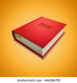 Vector illustration of red hardcover book on yellow background. Elements are layered separately in vector file.