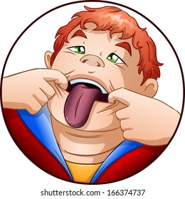 A vector illustration of a red headed child holding his mouth open and taking out his tongue. 