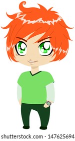A vector illustration of a red headed guy in green shirt and pants.