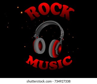 Vector illustration of red headphones with the word rock music on a black background.