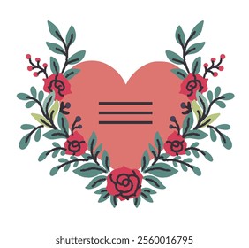 Vector illustration of a red heart adorned with flowers and green leaves, isolated on white background. Great for greeting cards, invitations, and romantic designs.