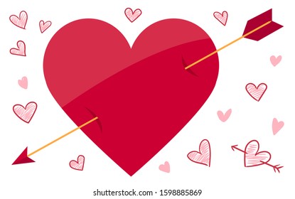Vector illustration of red heart with the arrow in it and hand drawn hearts isolated on a white background. St. Valentine's Day. wedding or birthday