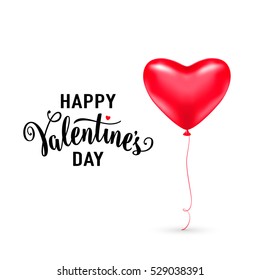 Vector illustration of red heart balloon with lettering text sign happy valentines day isolated on white background. Valentines card template for holiday greeting