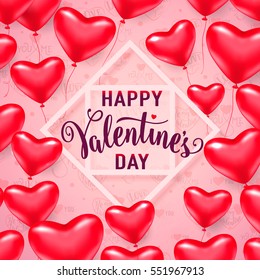 Vector illustration of red heart balloons, white line frame with lettering text sign happy valentines day isolated on light background. Valentines card template for holiday greeting