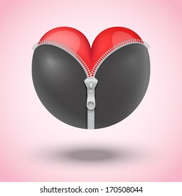 Vector illustration Red heart in black leather and metallic zipper. Symbol erotics or BDSM.