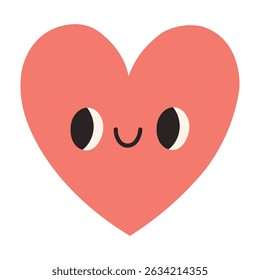 Vector illustration of a red heart with a cute smiling face and big eyes. It has a playful and sweet look, great for Valentines Day or love themed graphics, sticker, card.