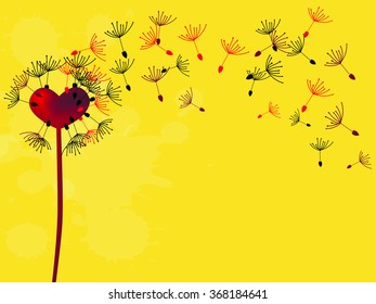 Vector illustration red heart dandelion with flying seeds