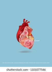 Vector illustration red heart decorated with roses template frames design for love card, can use for packaging and invitation card. 