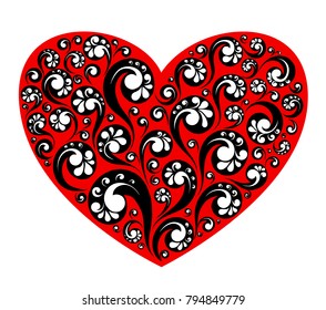 Vector illustration of red heart with decorative painting, love symbol