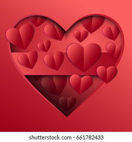 Vector illustration of red heart filled with smaller hearts. Paper cut out effect. Wedding or romantic greeting card in passionate red colors.