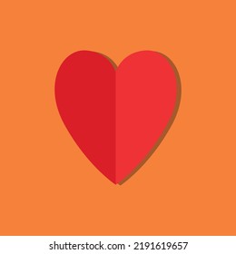 Vector illustration of red heart folded in half, vectorized love symbol isolated on orange background.