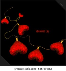 Vector illustration of red heart geometric rumpled triangle mosaic origami style on black background, good to be background for Valentine's day.