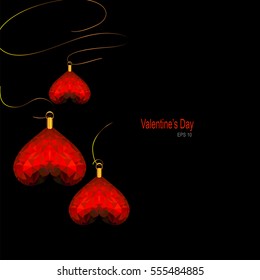 Vector illustration of red heart geometric rumpled triangle mosaic origami style on black background, good to be background for Valentine's day.