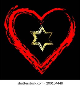 Vector illustration of Red heart, gold six - pointed  star on a black background