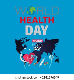 Vector illustration of red heart graphic, stethoscope, map, injection, text. top view, perfect for background, wallpaper and celebrating world health day