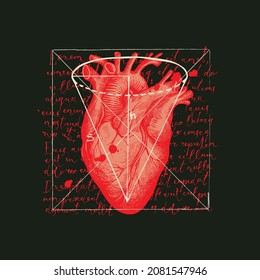 Vektorgrafik mit rotem Herzen, handgeschriebener Text Lorem ipsum und einem invertierten Kegel auf schwarzem Hintergrund. Abstraktes Banner mit anatomisch korrekter Zeichnung eines menschlichen inneren Organs im Retro-Stil