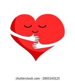 Vector illustration of red heart with hugging hands on white background, love yourself concept