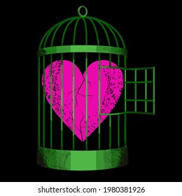 vector illustration of a red heart inside a bird cage. Design for Valentine's Day posters or stickers