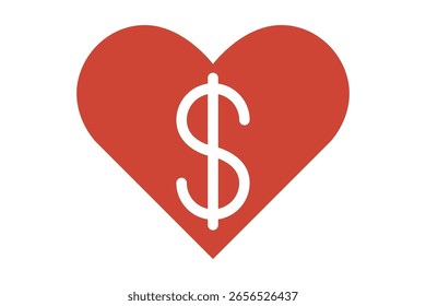 A ilustração vetorial de um coração vermelho com um símbolo de dólar integrado simboliza a interseção entre o amor e os aspectos financeiros e transmite um conceito de economia e emoções.