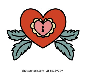 A vector illustration of a red heart with a keyhole and green leaves, isolated on a white background. Great for Valentines Day or wedding invitations.