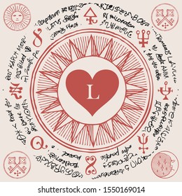Vector illustration with red heart and letter L, ancient hieroglyphs, medieval runes, spiritual symbols. Banner, mascot with old unreadable scribbles written in a circle on a beige background.