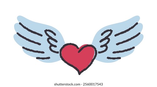 A vector illustration of a red heart with light blue angel wings in a whimsical and romantic style, isolated on a white background. Perfect for love-themed and fantasy designs.