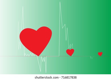 Vector illustration Red heart, light green background.pulse line.Life in the spirit.