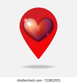 Vector illustration of red heart location icon. A marker sign with love, can use in valentine's day event or bookmark to a lovely place.