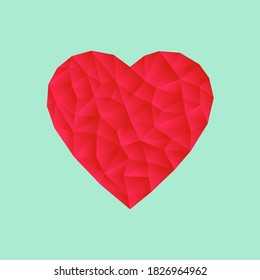 Vector illustration. Red heart in low poly style on a blue mint background. For logos, icons in the form of social networks, holiday cards, wedding invitations.