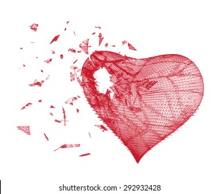 Vector illustration of red heart made from lines and dots on white background, crushed to a pieces, stylized red mesh love symbol, Broken heart, Geometric background, Abstract 3D polygonal pattern.