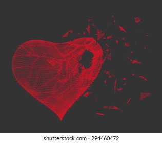 Vector illustration of red heart made from lines and dots, dark grey background, crushed to a pieces, stylized red mesh love symbol, Broken heart, Geometric background, Abstract 3D polygonal pattern.