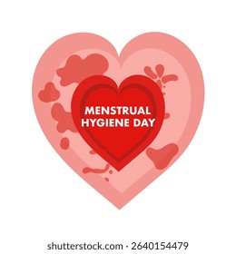 Vector illustration of a red heart with menstrual blood stains, highlighting Menstrual Hygiene Day. Perfect for awareness campaigns, health education, and social causes.